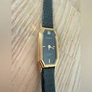 Helbros ladies diamond gold tone octagonal black leather watch NEW BATTERY